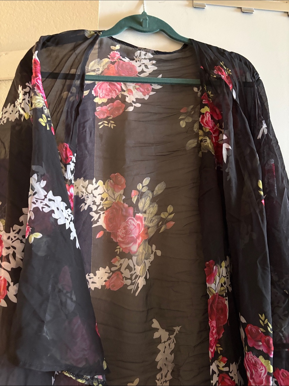 Sheer Black Floral Kimono with Pink Rose Print